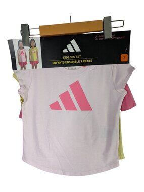 NWT Adidas Girl's 3-piece set T Shirts and Skort Pink/White/Yellow Size 2